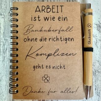 Spiralblock (Arbeit, Komplizen, Danke) mit Glücksstift